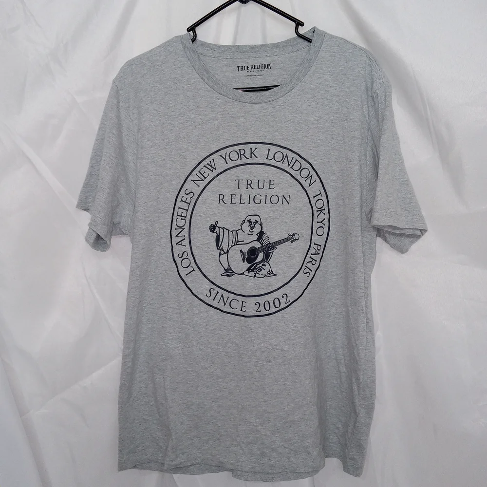 True Religion Short Sleeve Stamp Buddha Graphic Logo T-shirt Heather Grey Sz XL